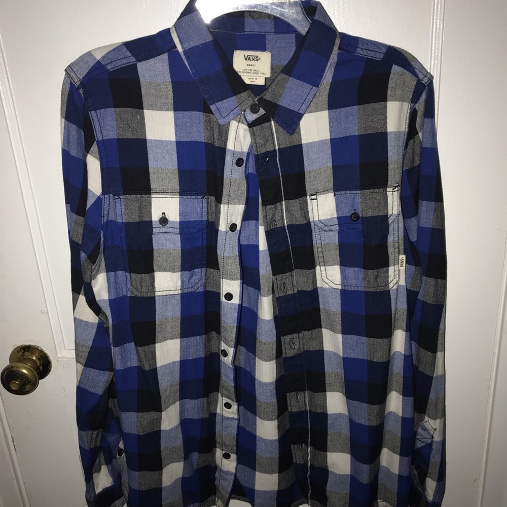 Blue, white and black vans flannel/button up shirt